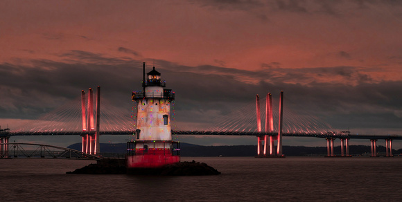 Mario Cuomo Bridge with Tarry Town Lighthouse with Red Sky